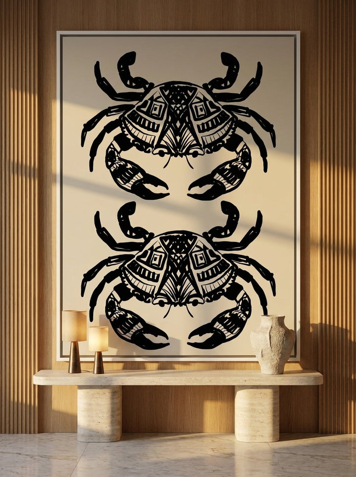 Oversized statement canvas wall art with a white surround styled on the wall in a luxe living room