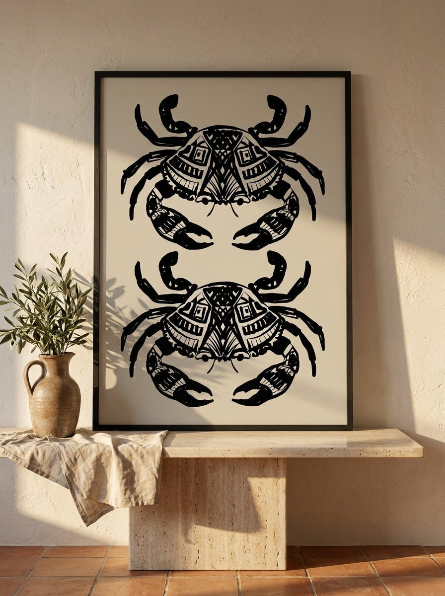 Modern wall art print standing on a console in a Mediterranean bathroom
