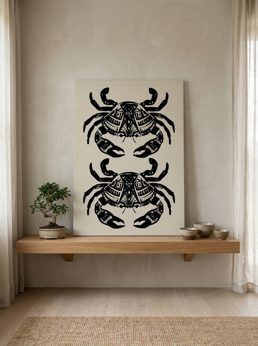 Stretched canvas wall art standing on a shelf in a warm Japandi bathroom