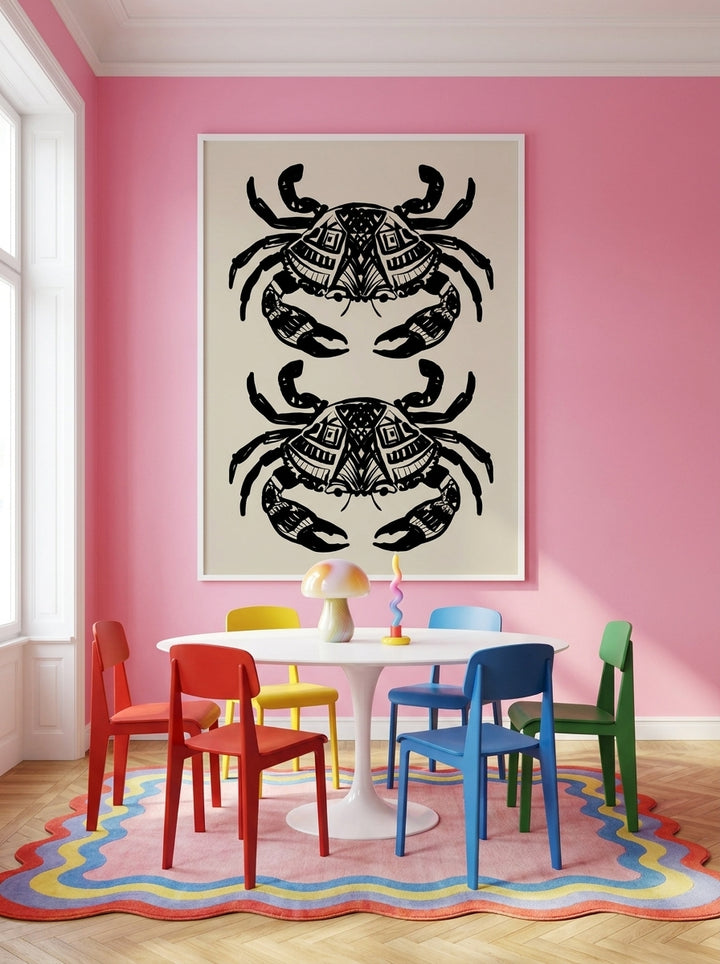 Oversized statement modern wall art print styled on the wall in a colourful eclectic dining room