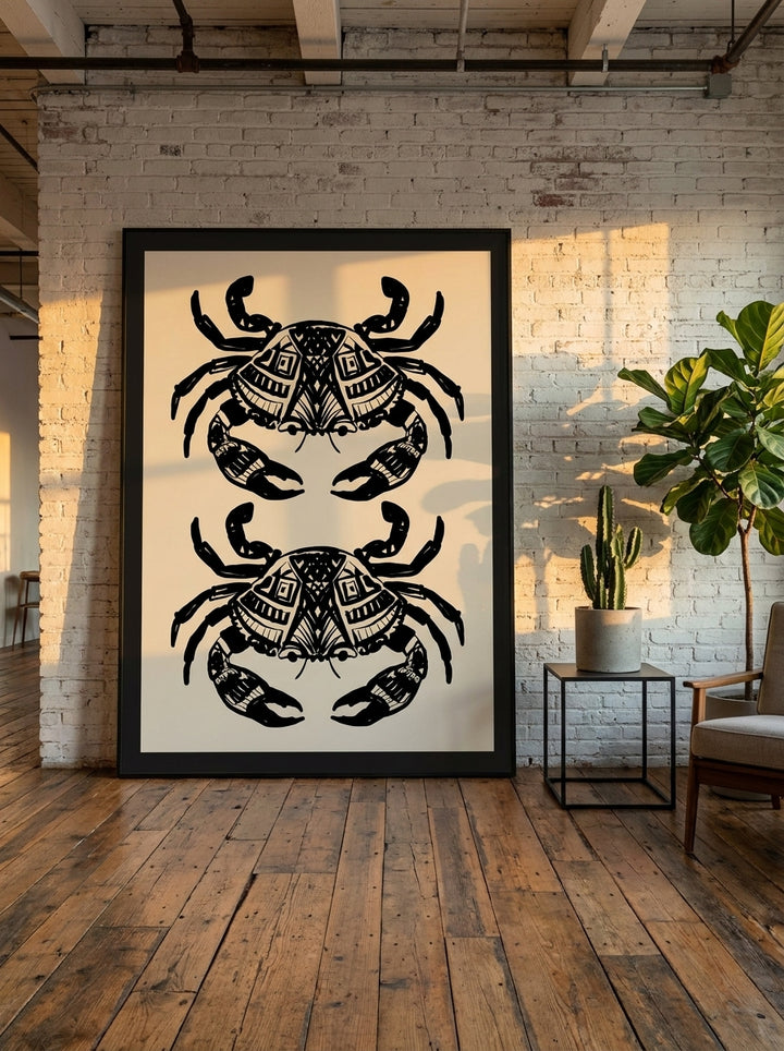 Oversized statement modern wall art print leaning against the wall in an industrial loft living room