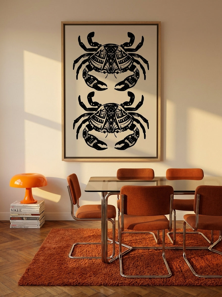 Oversized statement canvas wall art with a natural timber surround styled on the wall in a retro 70s dining room