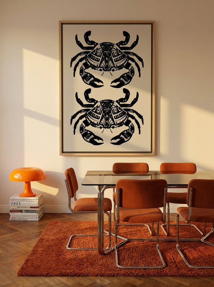 Oversized statement canvas wall art with a natural timber surround styled on the wall in a retro 70s dining room