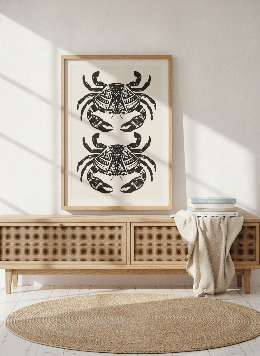 Modern wall art print standing on a sideboard in a coastal living room