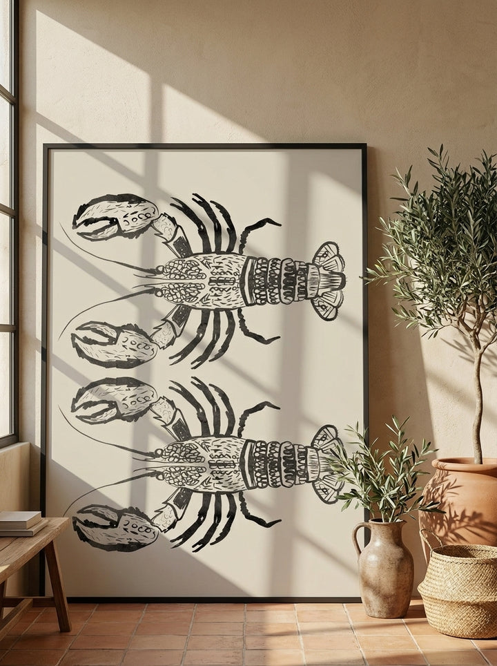Oversized statement modern wall art print leaning against the wall in a Mediterranean dining room