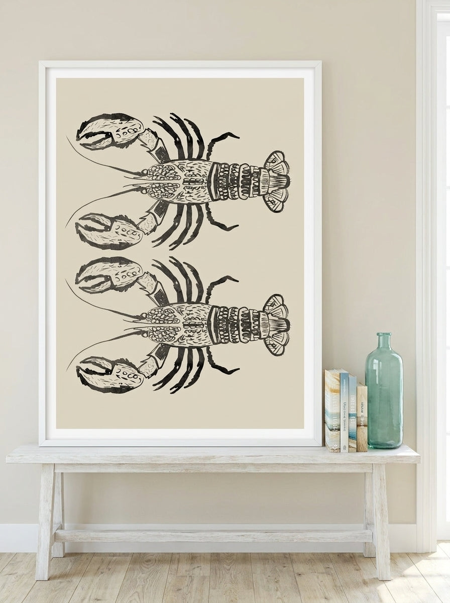 Modern wall art print standing on a console in a coastal bedroom
