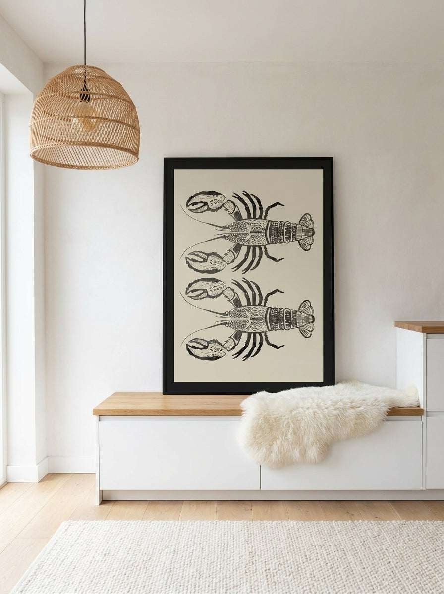 Modern wall art print standing on a kitchen bench in a bright Scandinavian kitchen