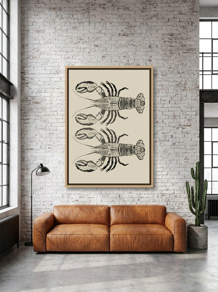Oversized statement canvas wall art with a natural timber surround styled on the wall in an industrial loft living room