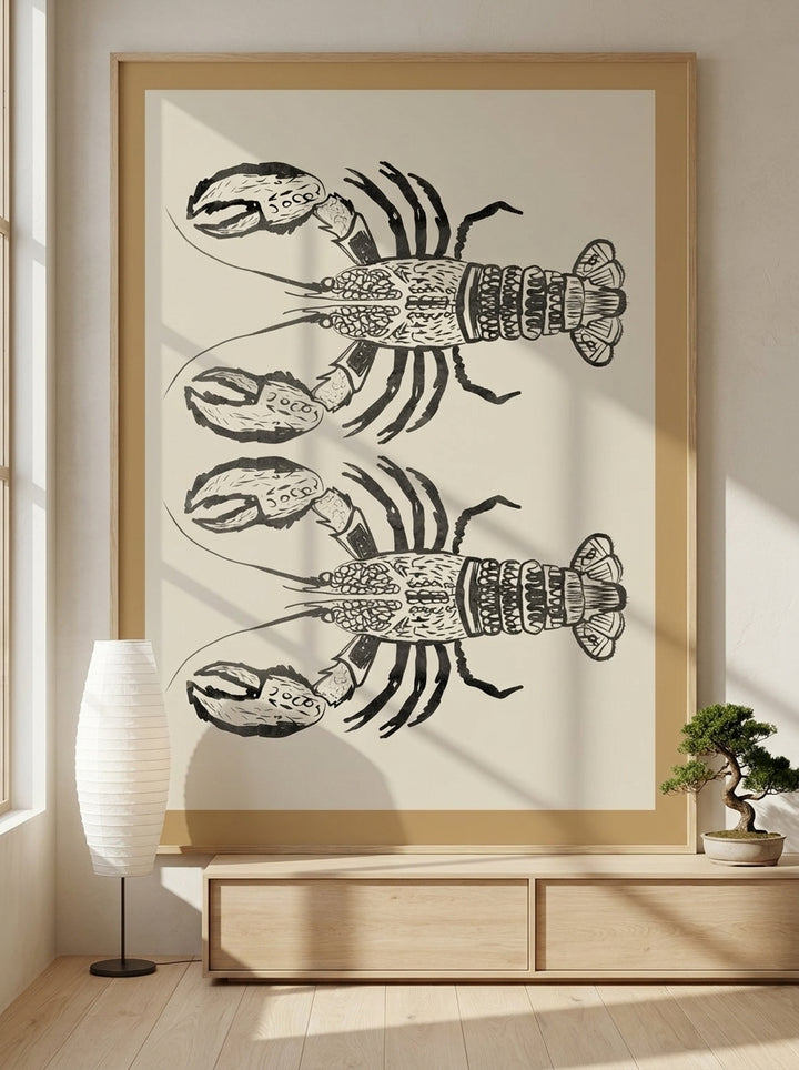 Oversized statement modern wall art print styled on the wall in a warm Japandi living room
