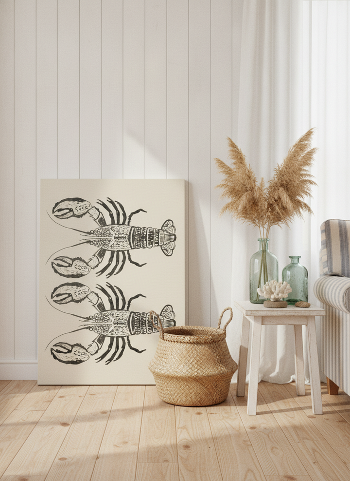 Stretched canvas wall art leaning against the wall in a coastal dining room