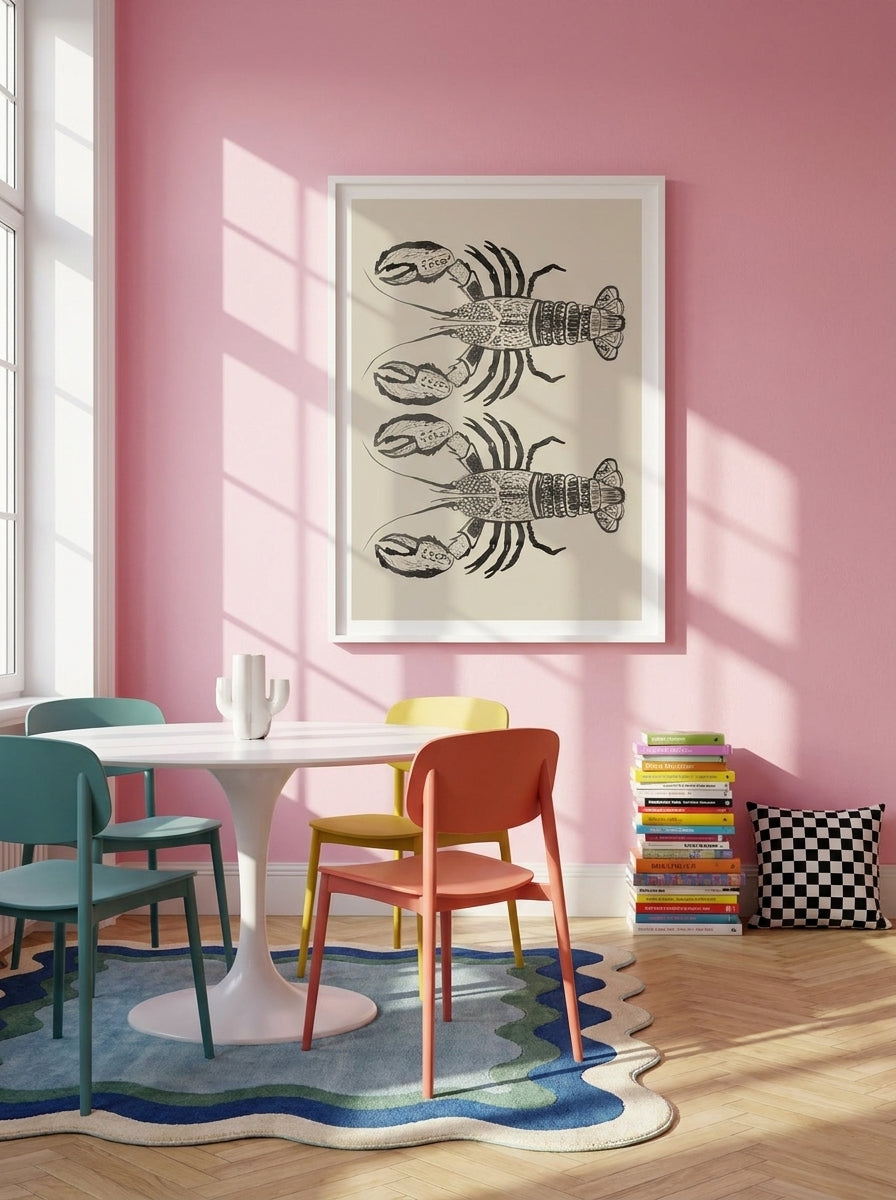 Modern wall art print styled on the wall in a colourful eclectic dining room