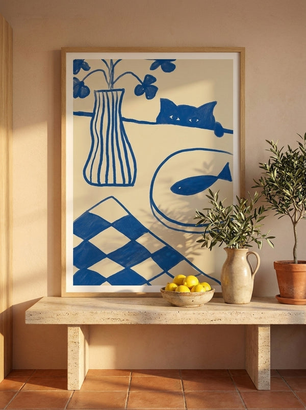 Blue Cat And Fish By The Art Concept | Art & Canvas Print