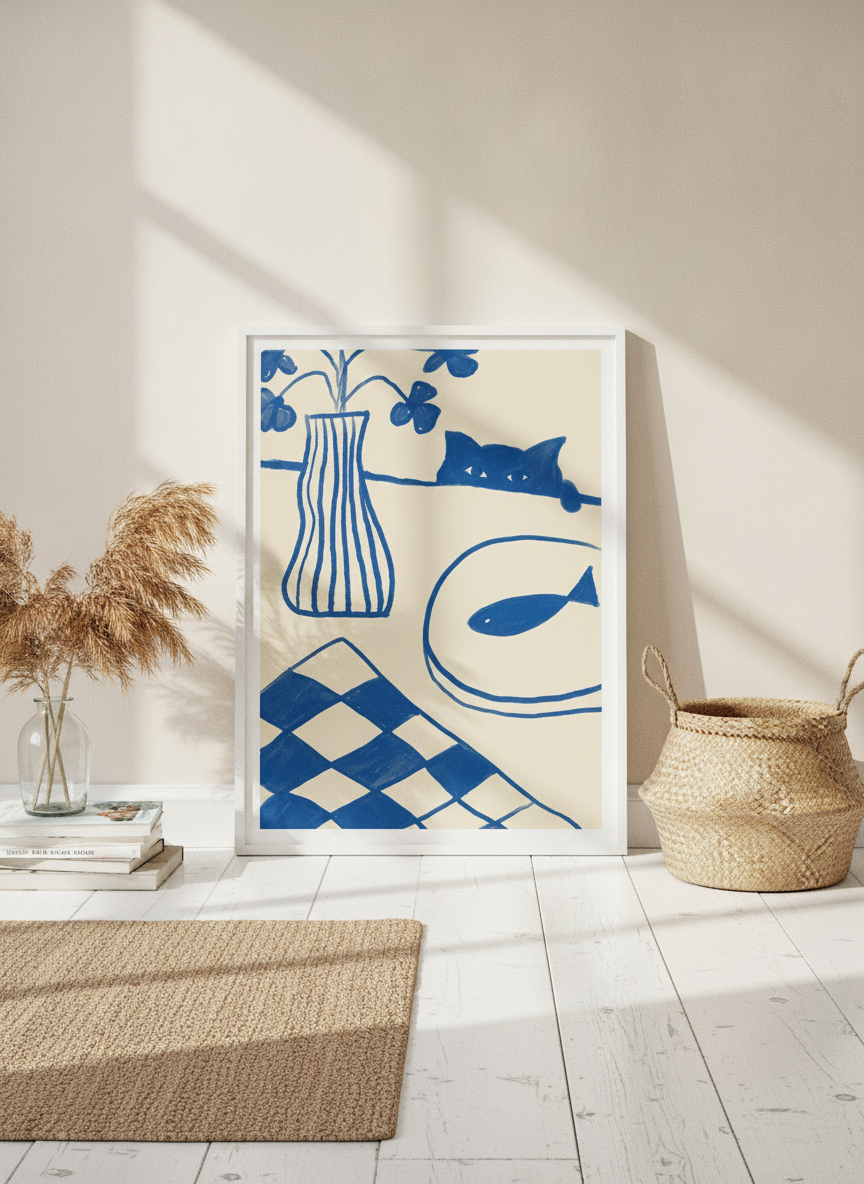 Modern wall art print leaning against the wall in a coastal kitchen