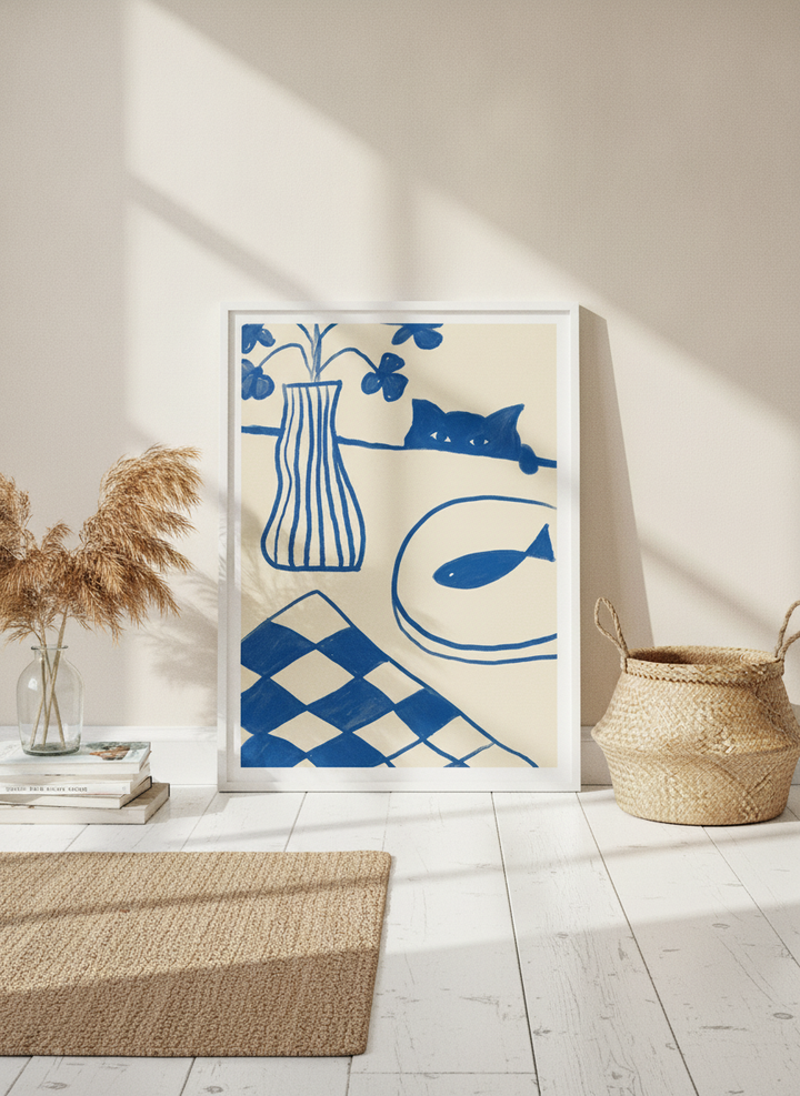 Modern wall art print leaning against the wall in a coastal kitchen