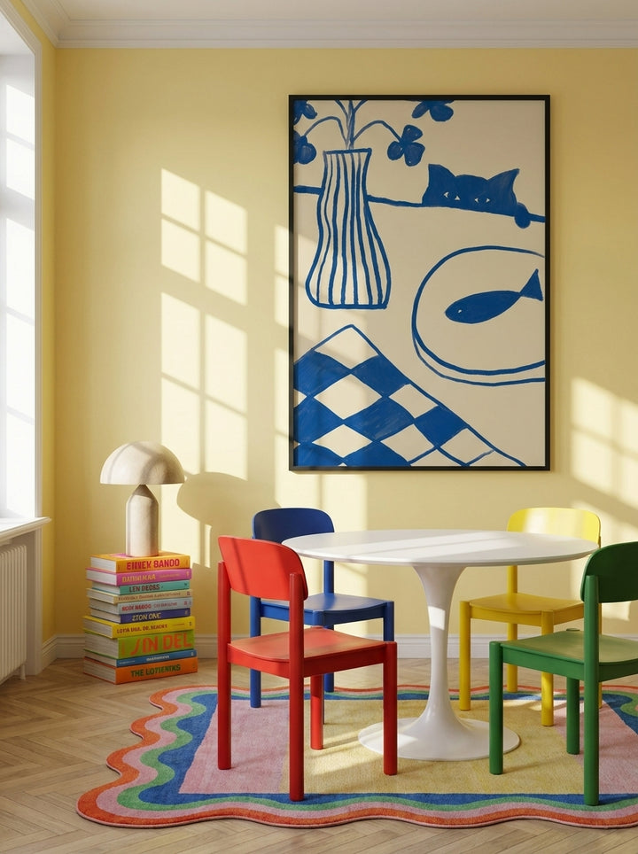 Oversized statement modern wall art print styled on the wall in a colourful eclectic dining room