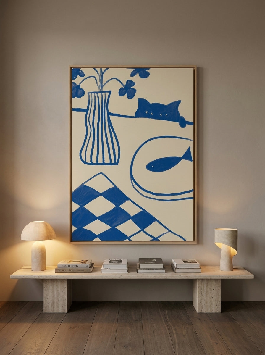 Oversized statement canvas wall art with a natural timber surround styled on the wall in a luxe living room