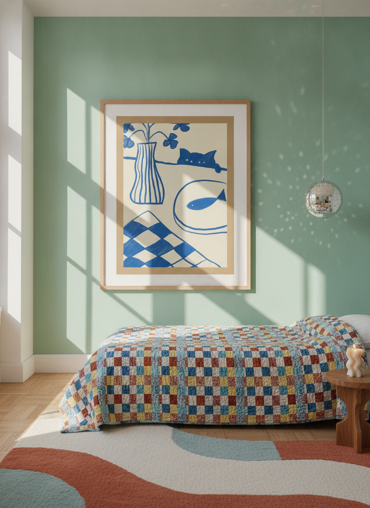 Oversized statement modern wall art print styled on the wall in a colourful eclectic bedroom