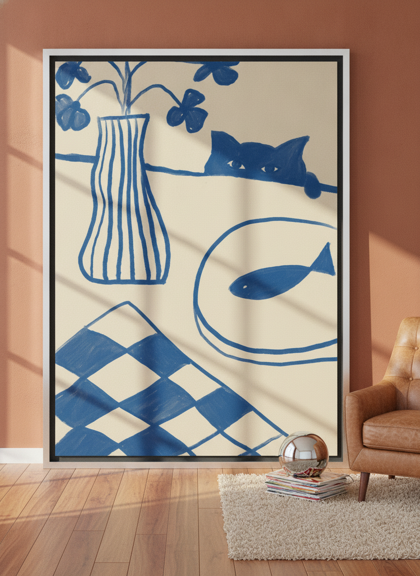 Oversized statement canvas wall art with a silver leaf surround leaning against the wall in a retro 70s dining room