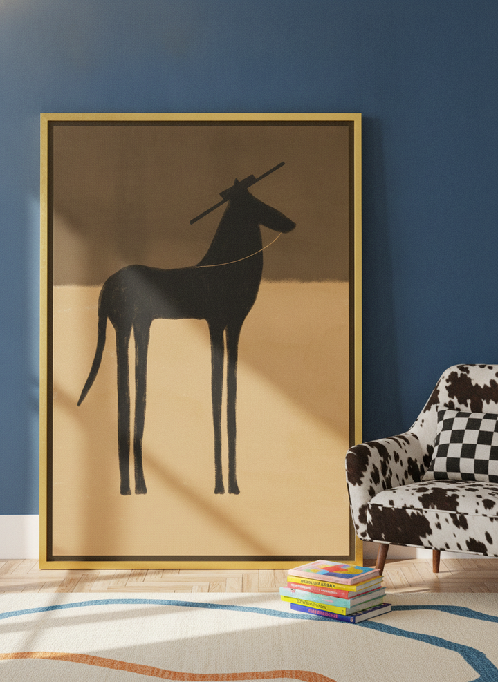 Canvas wall art with a gold leaf surround leaning against the wall in a colourful eclectic bedroom
