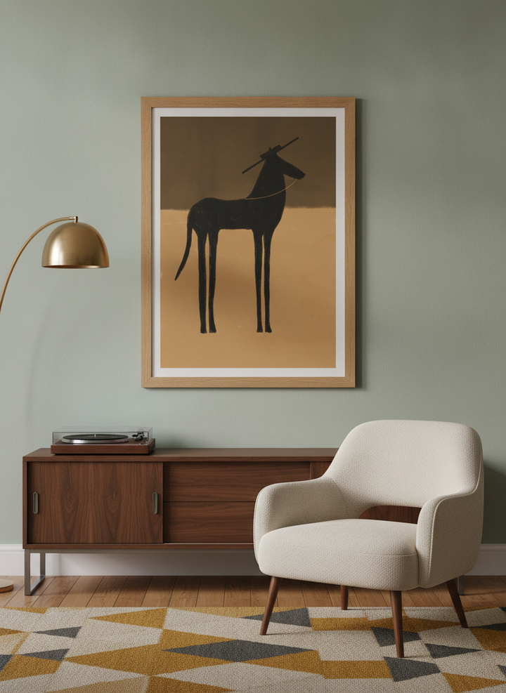 Modern wall art print styled on the wall in a mid-century living room