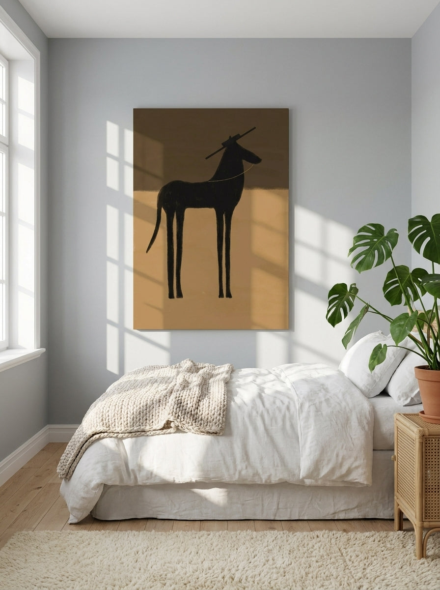 Stretched canvas wall art styled on the wall in a bright Scandinavian bedroom