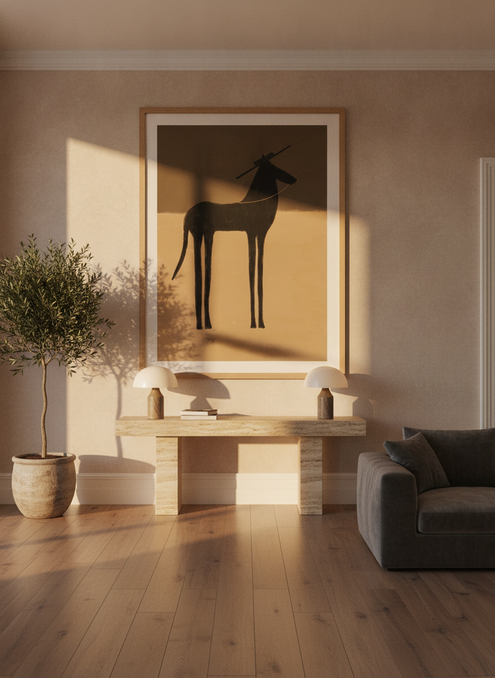 Oversized statement modern wall art print styled on the wall in a luxe living room