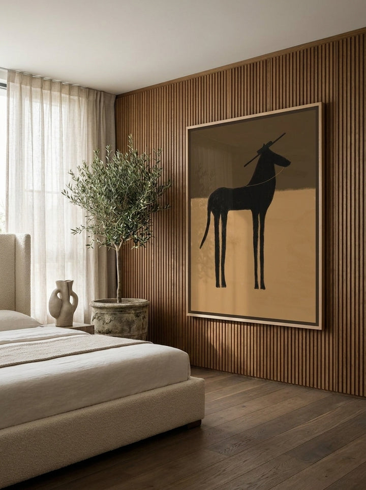 Oversized statement canvas wall art with a natural timber surround styled on the wall in a luxe bedroom