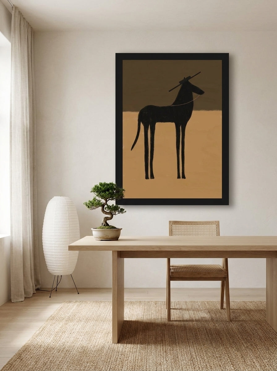 Oversized statement modern wall art print styled on the wall in a warm Japandi home office