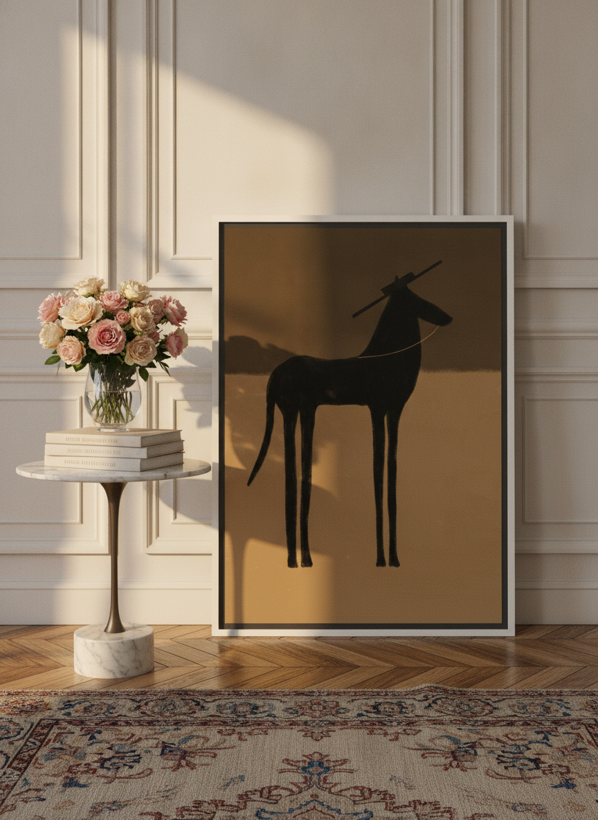 Canvas wall art with a white surround leaning against the wall in a Parisian home office