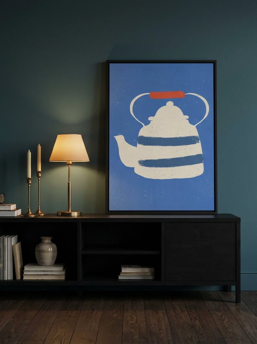 Canvas wall art with a black surround standing on a console in a moody living room
