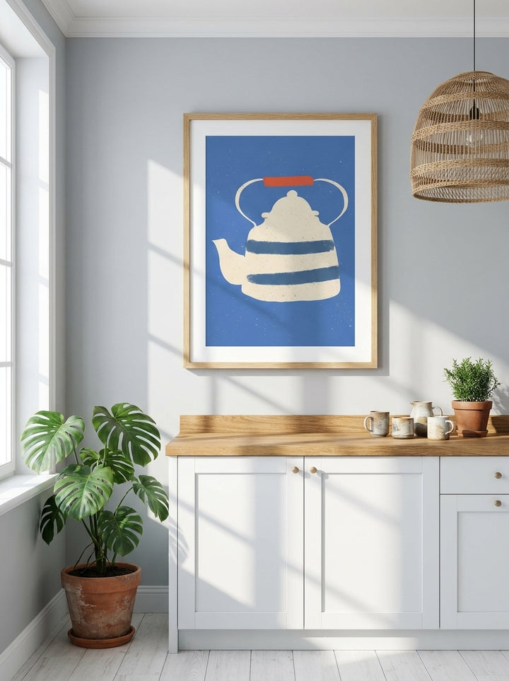 Modern wall art print styled on the wall in a bright Scandinavian kitchen