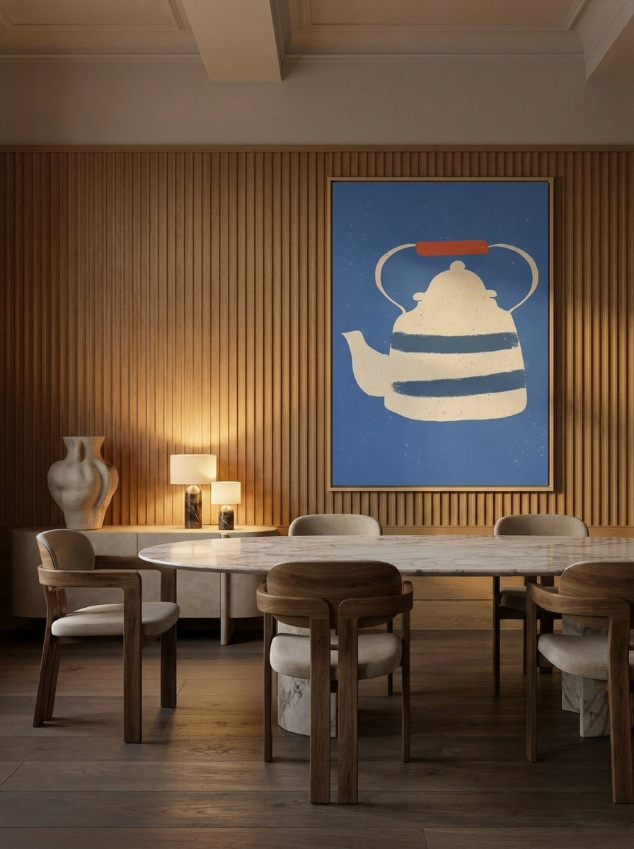 Oversized statement canvas wall art with a natural timber surround styled on the wall in a luxe dining room