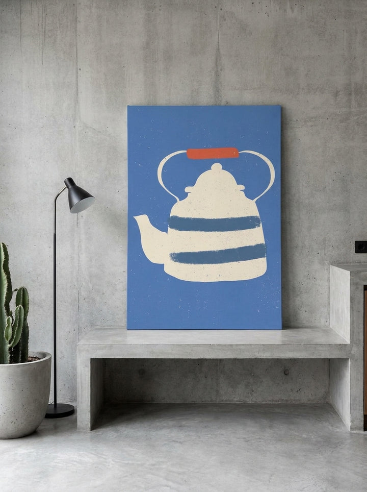 Stretched canvas wall art standing on a kitchen bench in an industrial loft kitchen