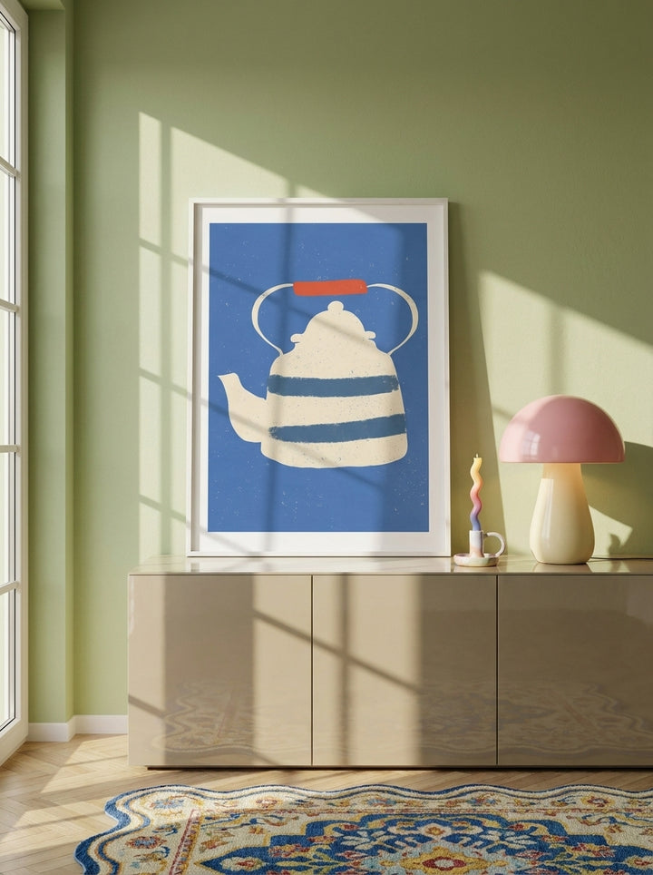 Modern wall art print standing on a sideboard in a colourful eclectic living room