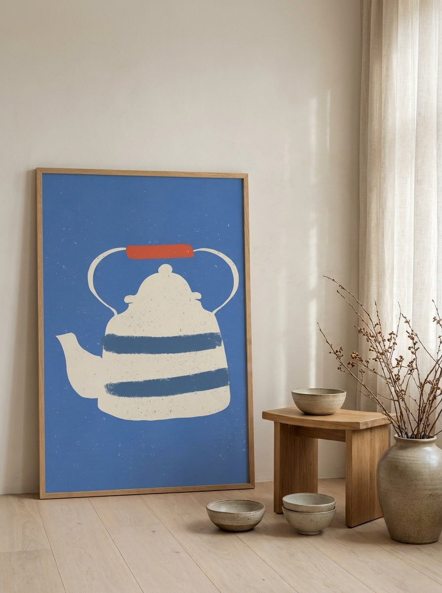 Modern wall art print leaning against the wall in a warm Japandi kitchen