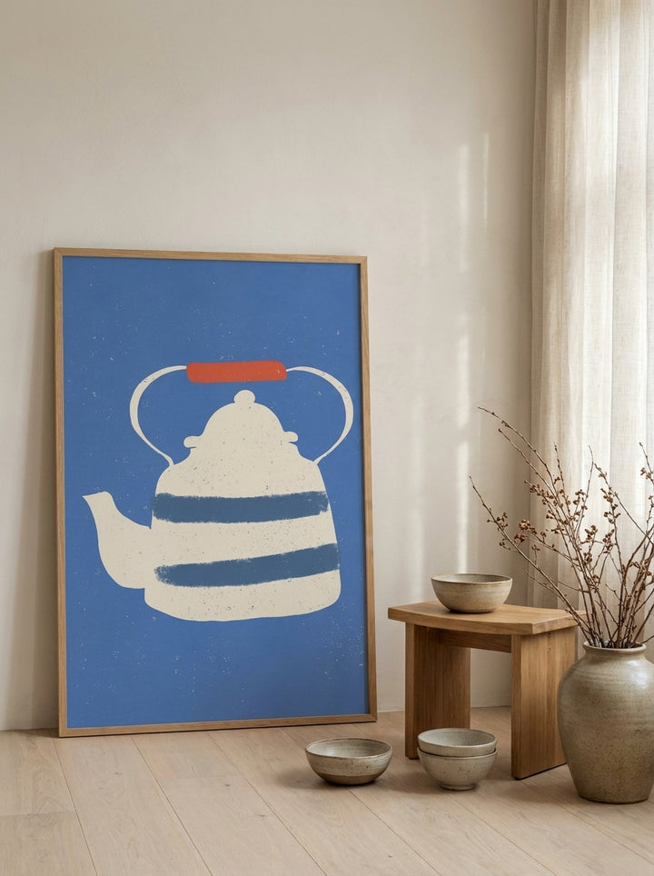 Modern wall art print leaning against the wall in a warm Japandi kitchen