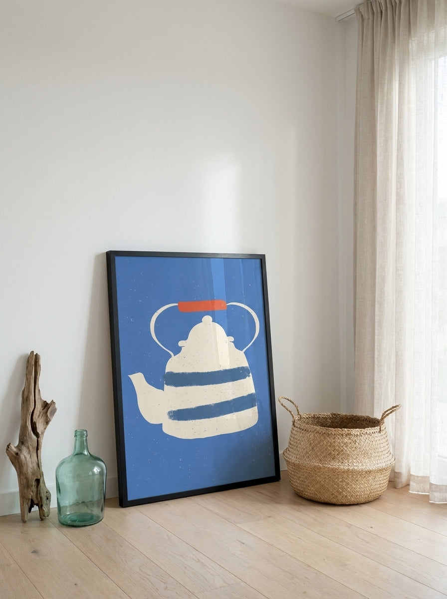 Oversized statement modern wall art print leaning against the wall in a coastal dining room