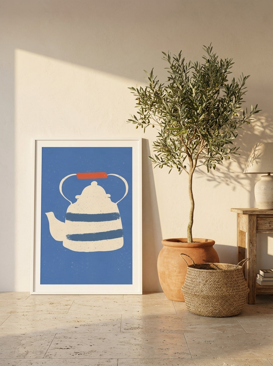 Modern wall art print leaning against the wall in a Mediterranean living room