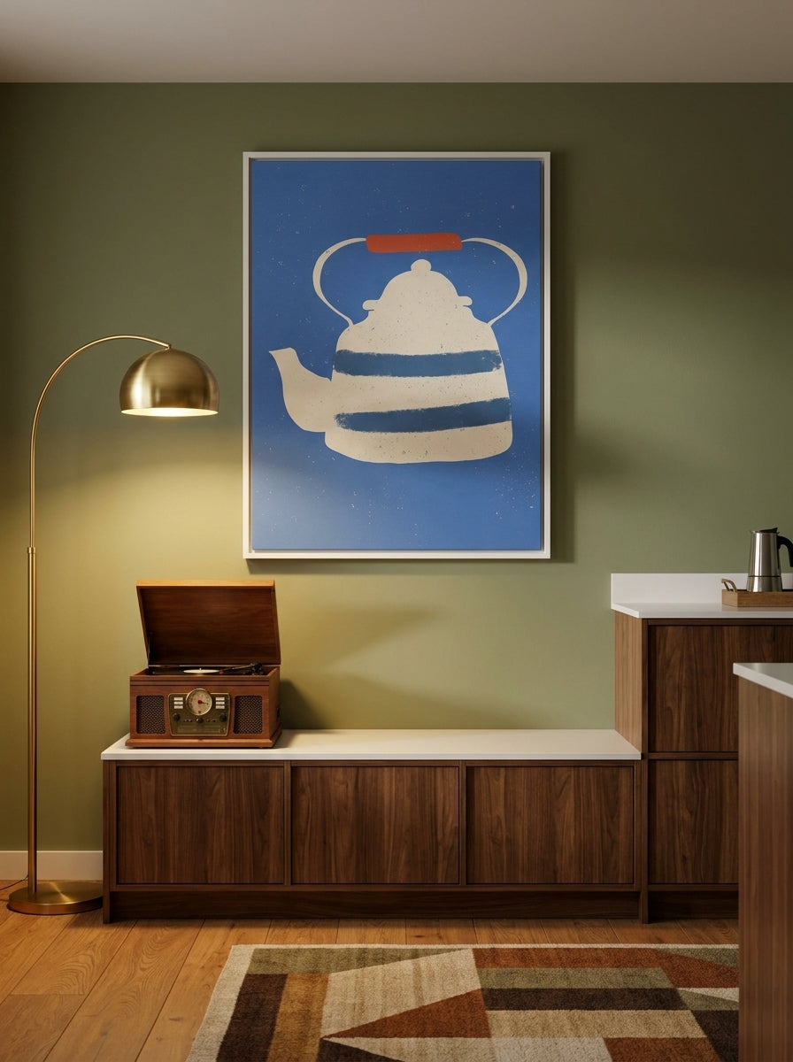 Canvas wall art with a white surround styled on the wall in a mid-century kitchen