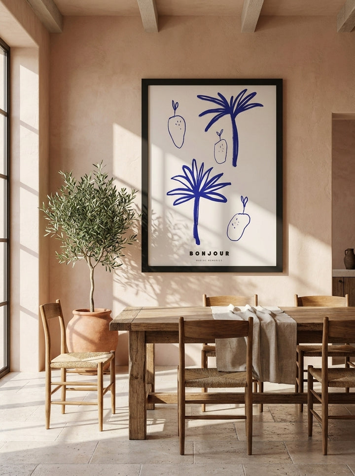 Oversized statement modern wall art print styled on the wall in a Mediterranean dining room