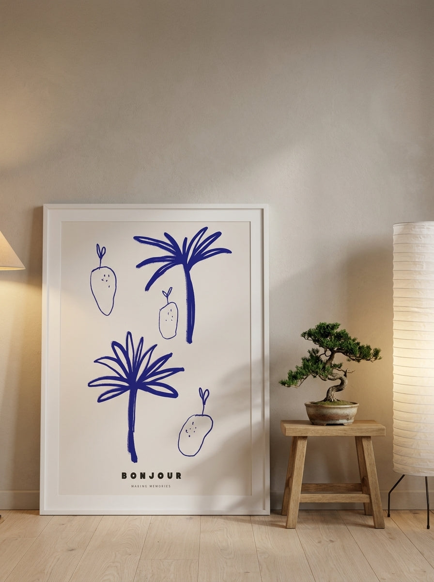 Oversized statement modern wall art print leaning against the wall in a warm Japandi living room