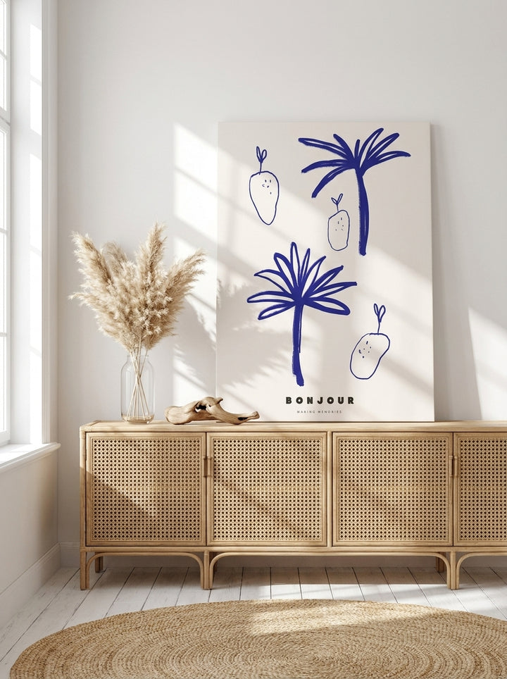 Stretched canvas wall art standing on a sideboard in a coastal nursery