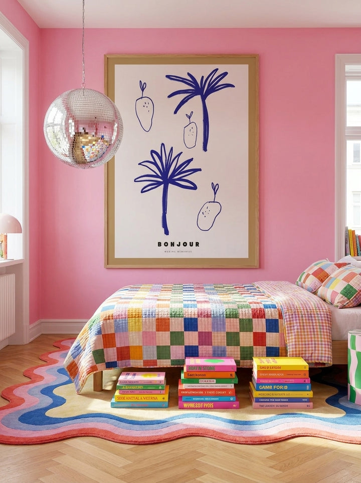 Modern wall art print styled on the wall in a colourful eclectic bedroom