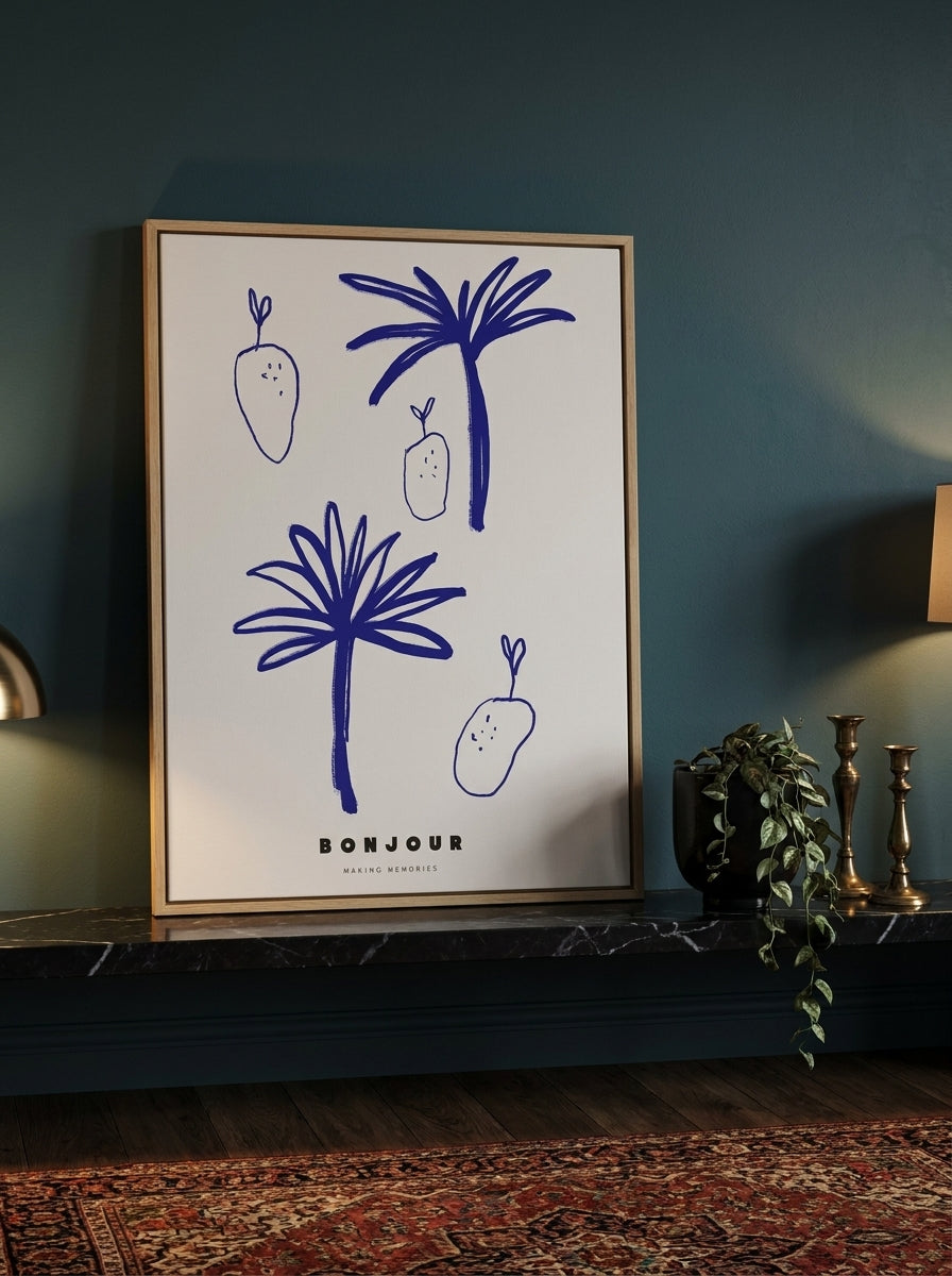 Canvas wall art with a natural timber surround standing on a kitchen bench in a moody kitchen