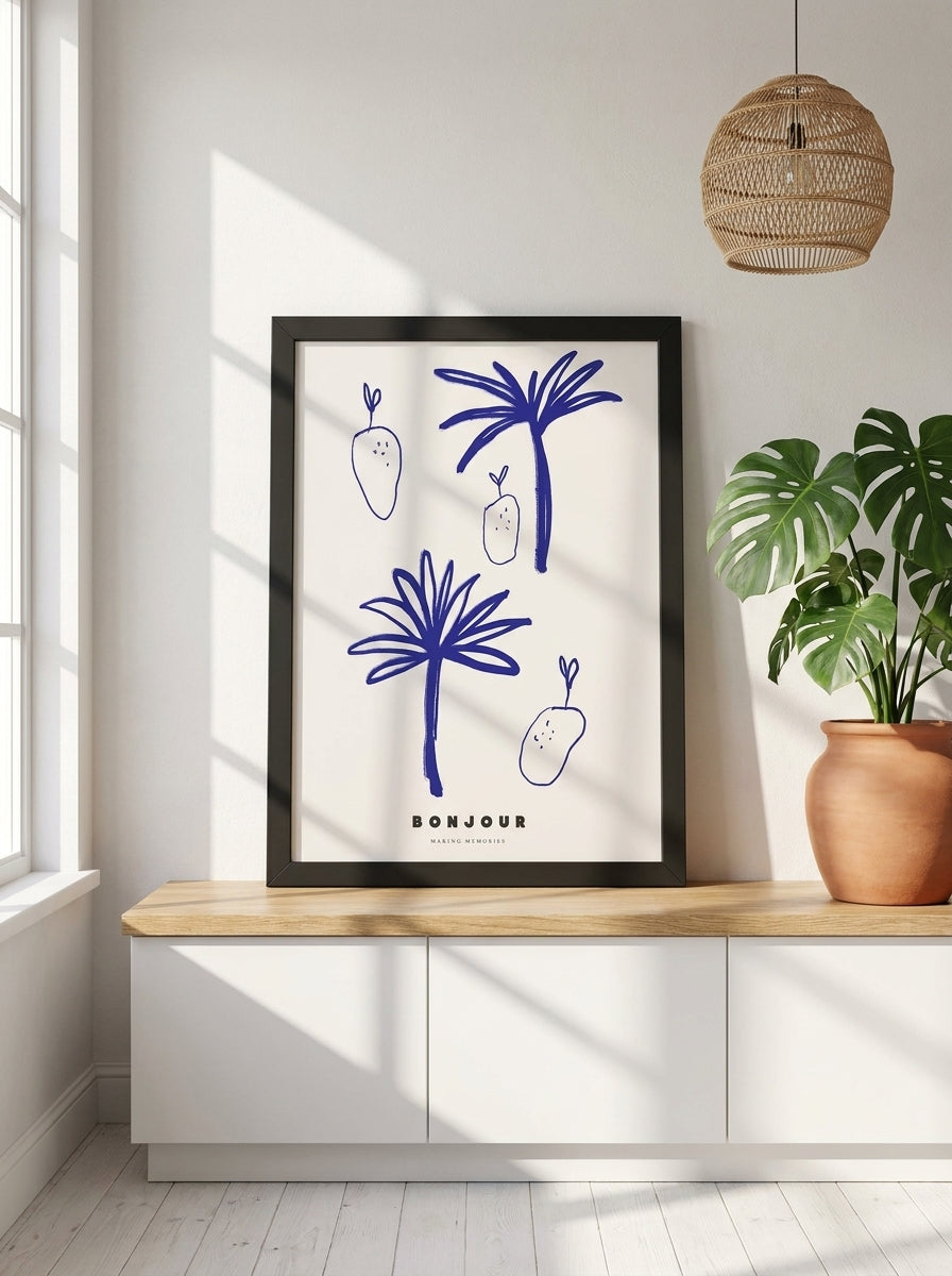 Modern wall art print standing on a kitchen bench in a bright Scandinavian kitchen