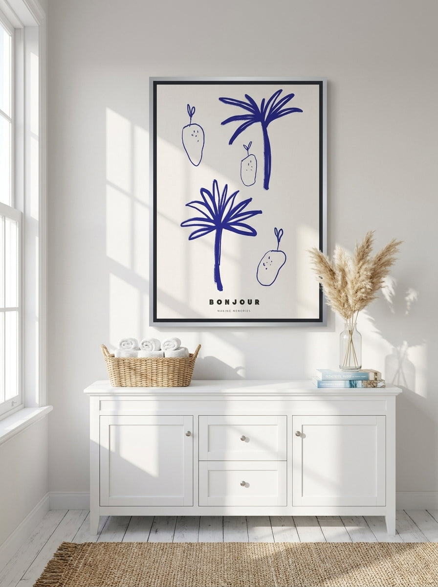 Canvas wall art with a silver leaf surround styled on the wall in a coastal bathroom