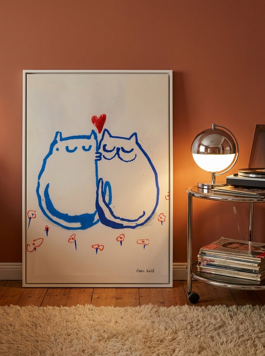 Canvas wall art with a white surround leaning against the wall in a retro 70s bedroom