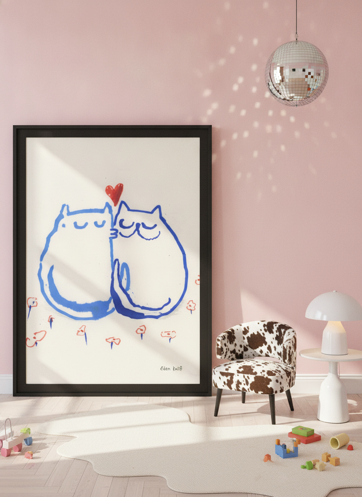 Oversized statement modern wall art print leaning against the wall in a colourful eclectic nursery