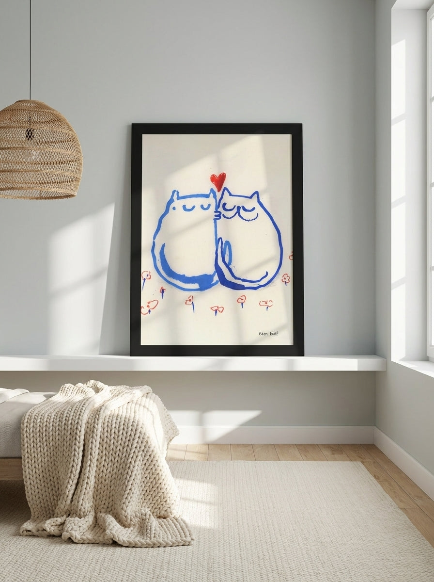 Modern wall art print standing on a shelf in a bright Scandinavian bedroom