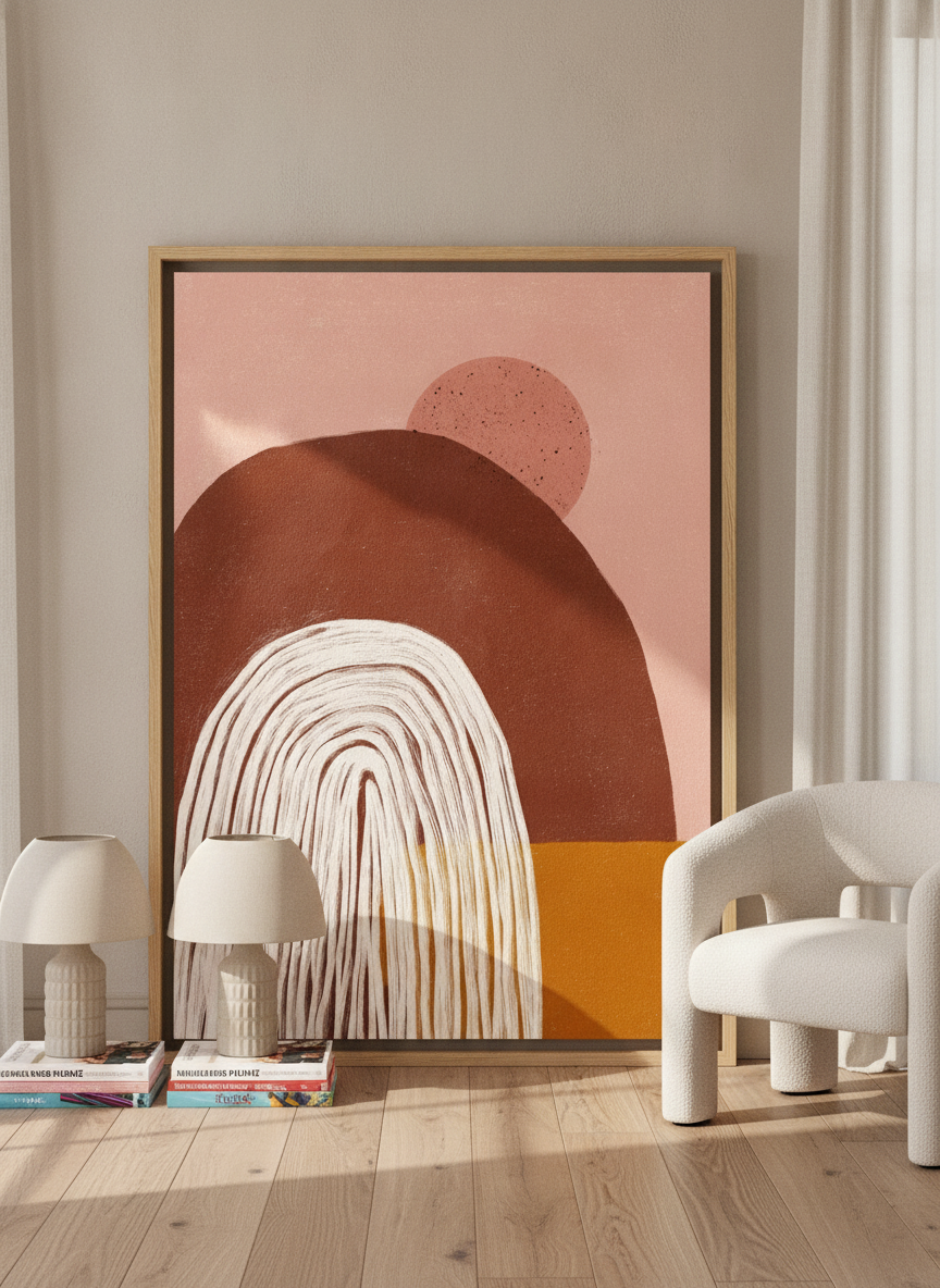 Oversized statement canvas wall art with a natural timber surround leaning against the wall in a luxe dining room